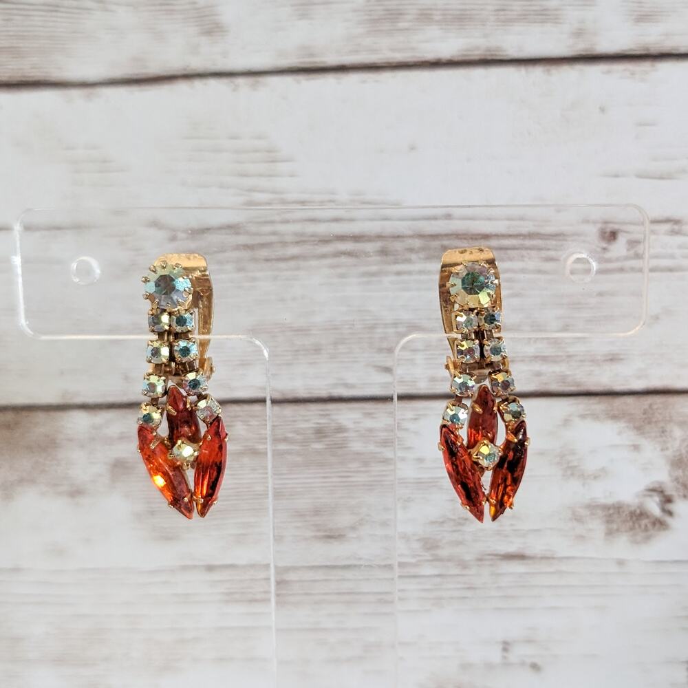 Vintage Clip On Earrings - Unusual Statement Orange & Iridescent Gems